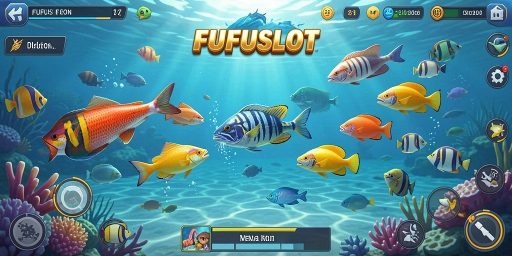 Screenshot menunjukkan aksi menangkap ikan yang seru dalam FUFUSLOT.