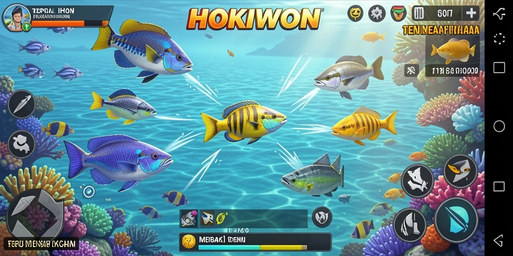Screenshot gameplay HOKIWON dengan aksi menembak ikan yang seru.