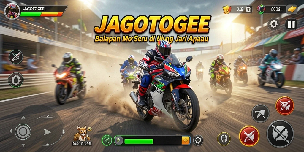 Gameplay seru JAGOTOGEL dengan balapan motor yang mendebarkan.
