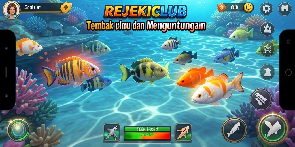 Tampilan gameplay seru REJEKICLUB saat menembak ikan.