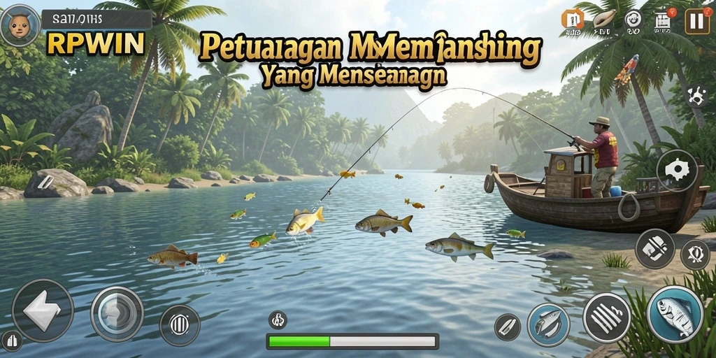 Screenshot gameplay RPWIN menampilkan aksi memancing yang seru dan penuh warna.