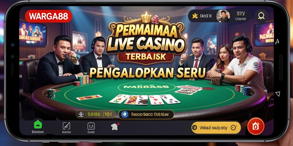 Screenshot utama WARGA88 menampilkan dealer profesional dan gameplay Live Casino yang seru.